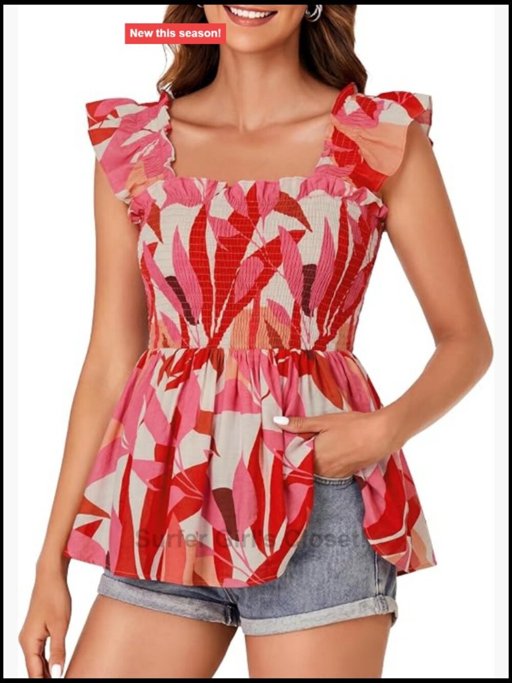 Women's Smocked Peplum Top Square Neck Ruffle Cap Sleeve Floral Blouse